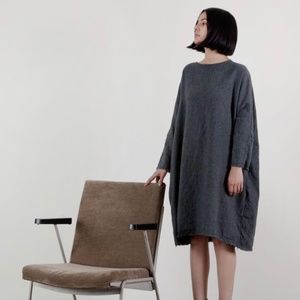 BLACK CRANE Painter Dress - Grey Oversized Sack Dress w/ Raw Hem Size Xsmall